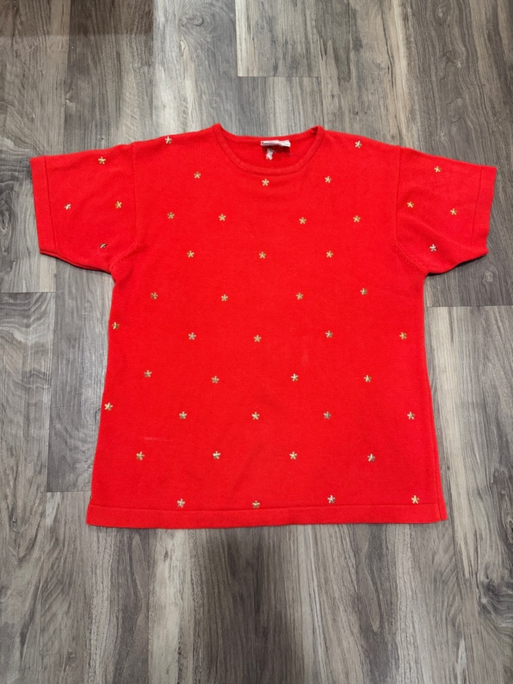 ⭐ Vintage J.G. Hook Red Short Sleeve Sweater Gold Star Studded Preppy Top